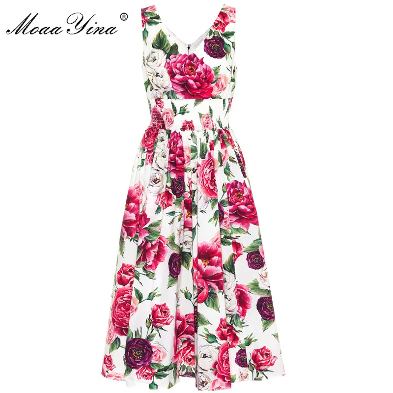 

MoaaYina Fashion Designer Runway Dress Summer Women backless Sleeveless Rose Floral Print Elastic waist Holiday Elegant Dress