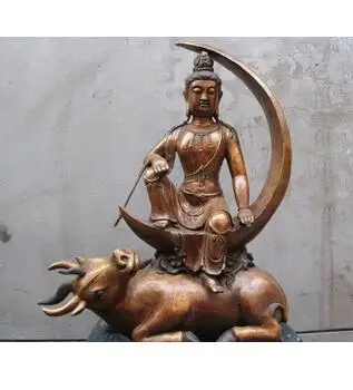 

wholesale factory Decoration Crafts Brass Tibet Old Bronze Copper Carved Moon GuanYin Kwan-yin Bodhisattva Sit OX Bull statue 25