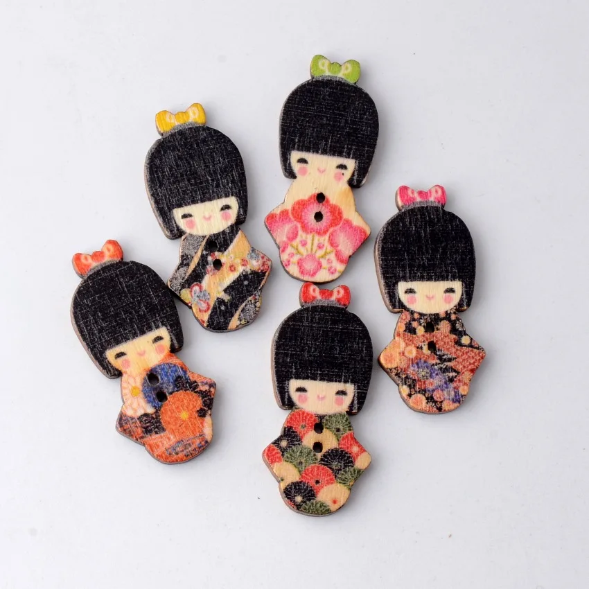 ; набор из 10 шт. случайный, смешанный, милый японские кимоно кукла 2 отверстия роспись по дереву для пришивания пуговиц Скрапбукинг 18x39 мм F0020