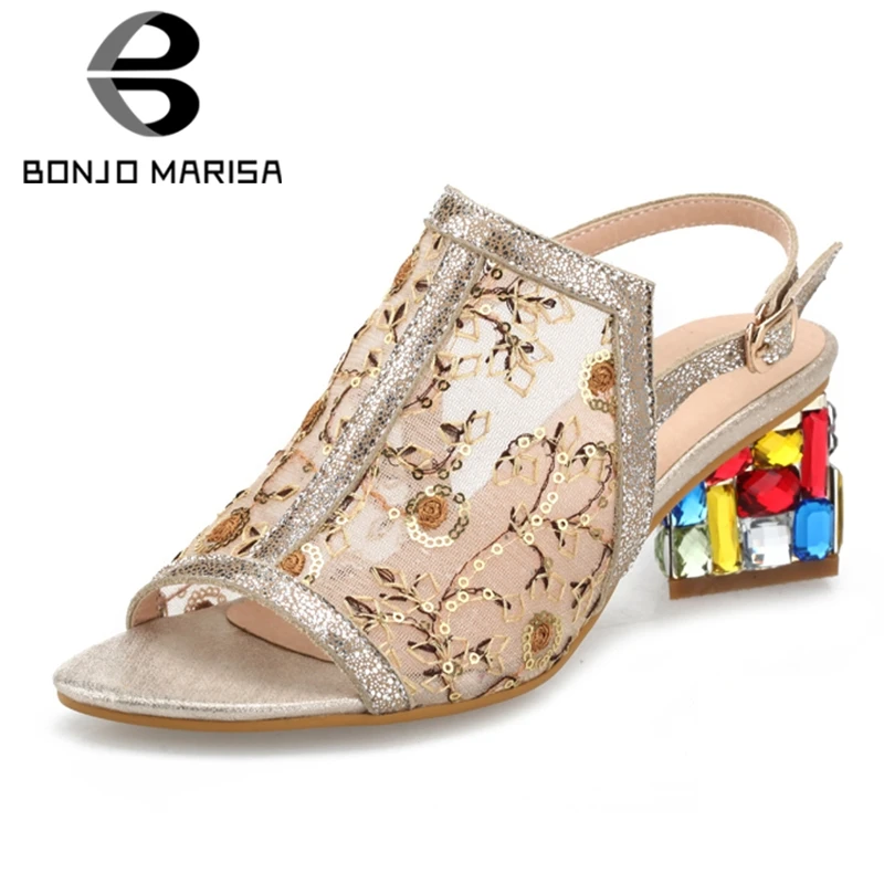 

BONJOMARISA 2019 New Fashion Air Mesh Lace Sandals High Heels Summer Peep Toe Genuine Leather Sandals Women Party Shoes Woman