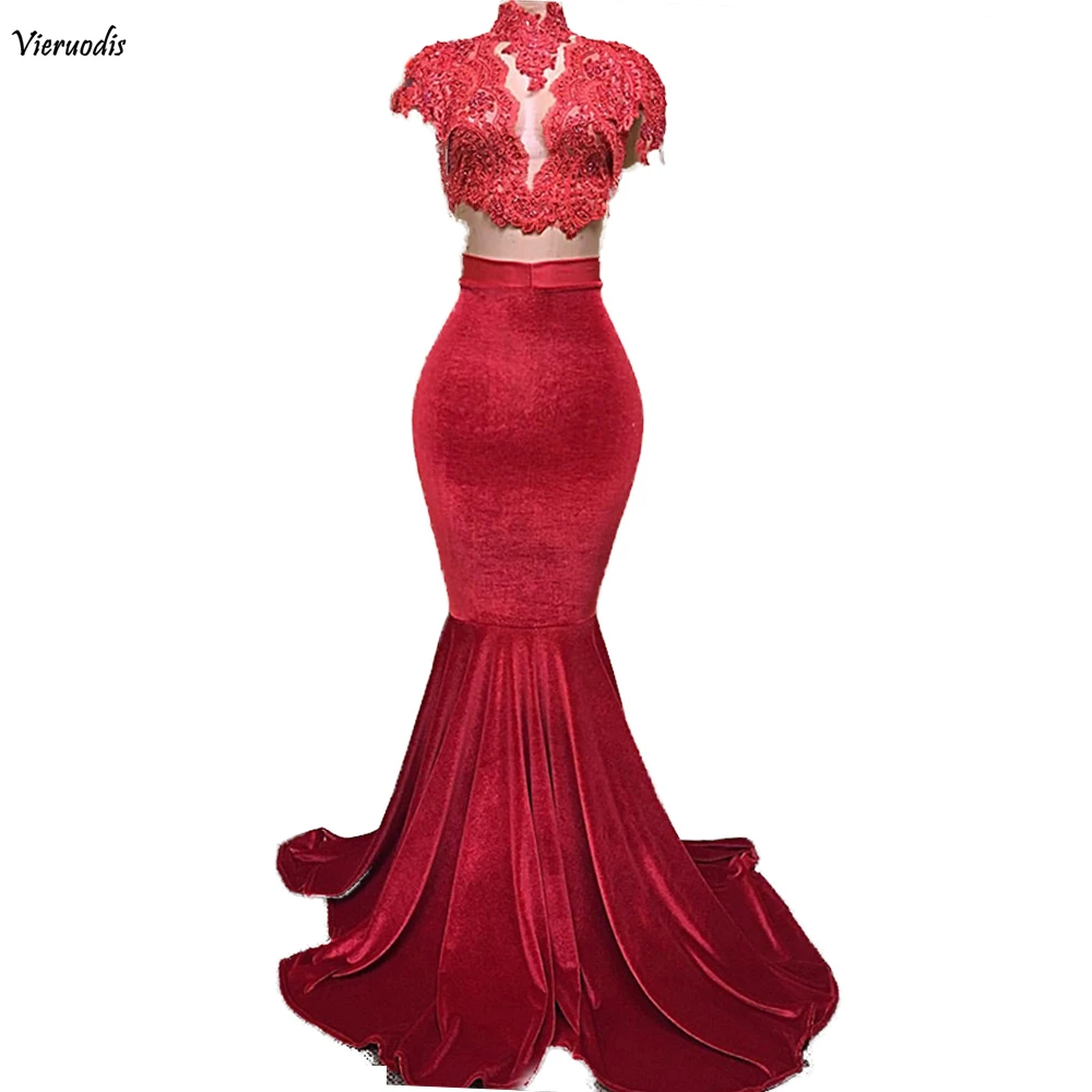 118-1             Elegant Red Velvet Two Piece Mermaid Prom Dresses 2017 Robe de Soiree Lace Beaded Top Cap Sleeve Floor Length Prom Evening Gown