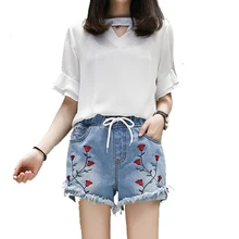 Джинсы с эластичной резинкой на талии для мам, короткие джинсы для женщин, большие размеры, летние женские джинсовые шорты с вышивкой, Флористический с высокой талией джинсовые шорты женские