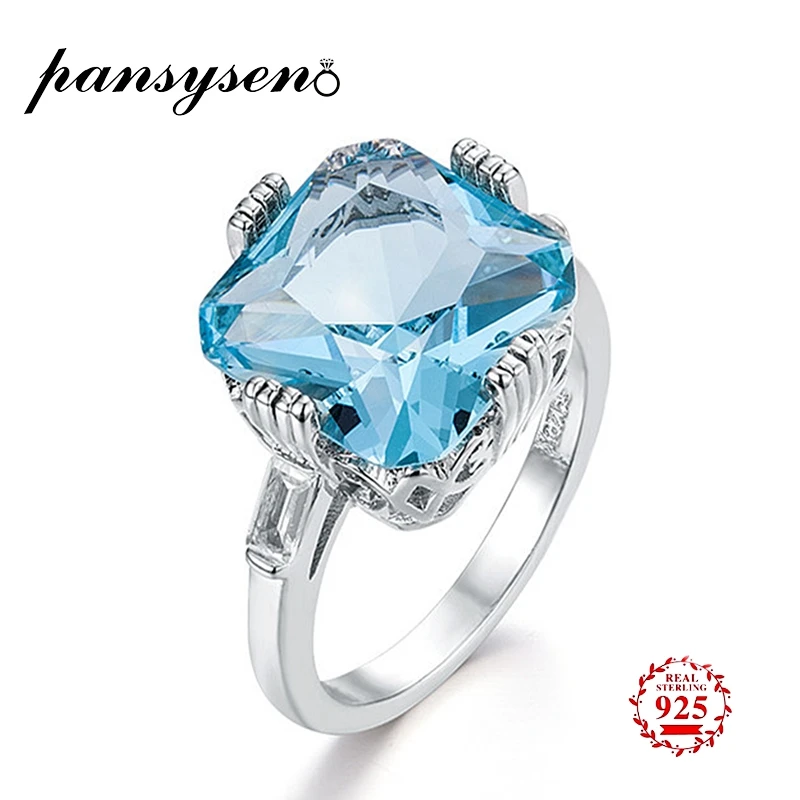 

PANSYSEN Lady Exquisite Pure 925 Silver Aquamarine Rings for Women 12x12mm Square Gemstone Finger Ring Brand Valentine's Gift