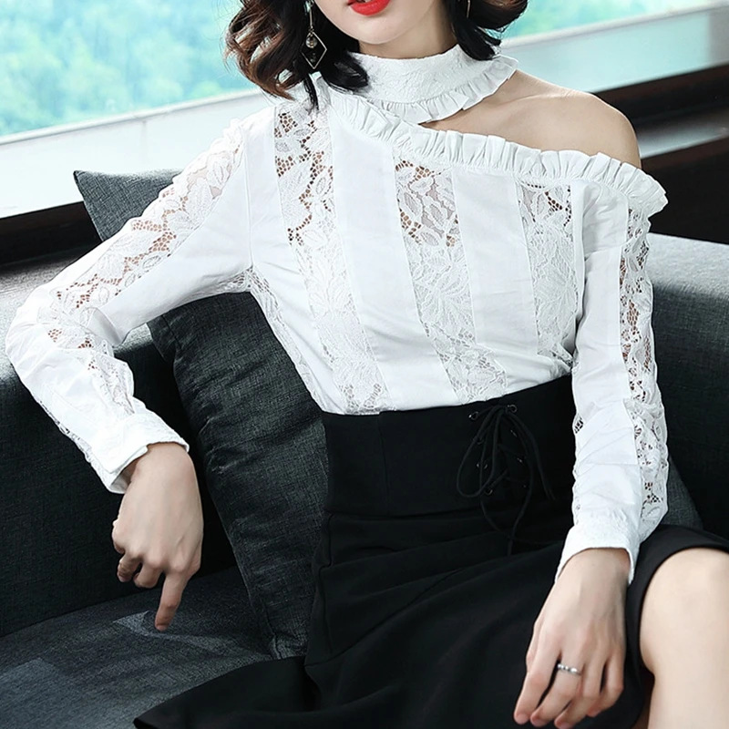 

Sexy Cold Shoulder Blouses Office Women White Black Lace Shirts
