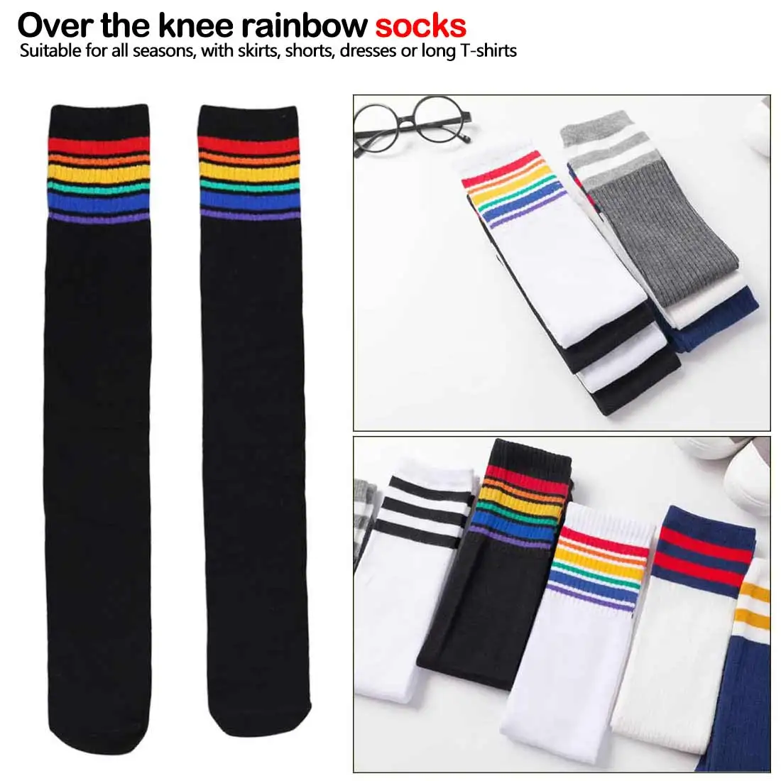 

Mid Socks high quality Thigh High Socks Over Knee Rainbow Stripe Girls long socks women over knee stripe
