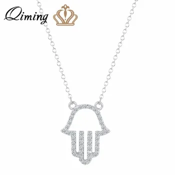 QIMING New Vintage Brand Design Gold Luck Hamsa Hand Pendants Necklace Luck Fatima Hand Palm Statement Necklace Jewelry