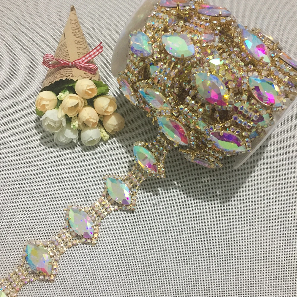 

5Yards AB Rhinestone Trim Golden Silver Rose Gold Crystal Trimming Chain For DIY Accessories Decortion