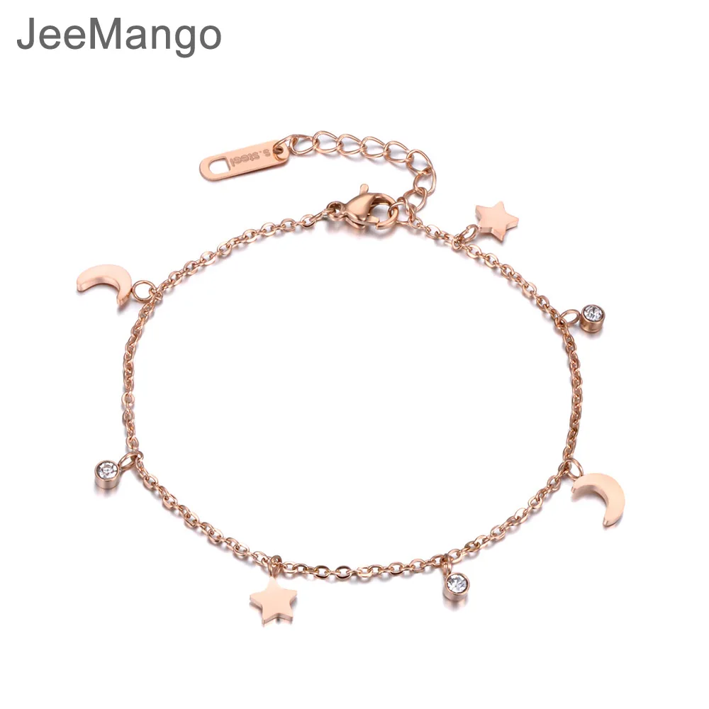 

JeeMango Trendy Bracelet Moon & Star & CZ Crystals Rose Gold Color Stainless Steel Bracelet Link Chain Christmas Gift B18186