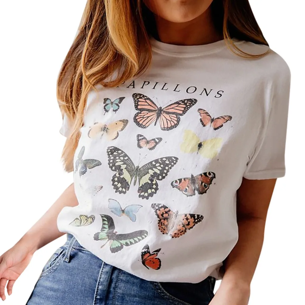 

JAYCOSIN Blouses Womens Short Sleeve O Neck whirt shirts Butterfly Letter vadim Print Vest Print Tank Top shein 19fashion 423