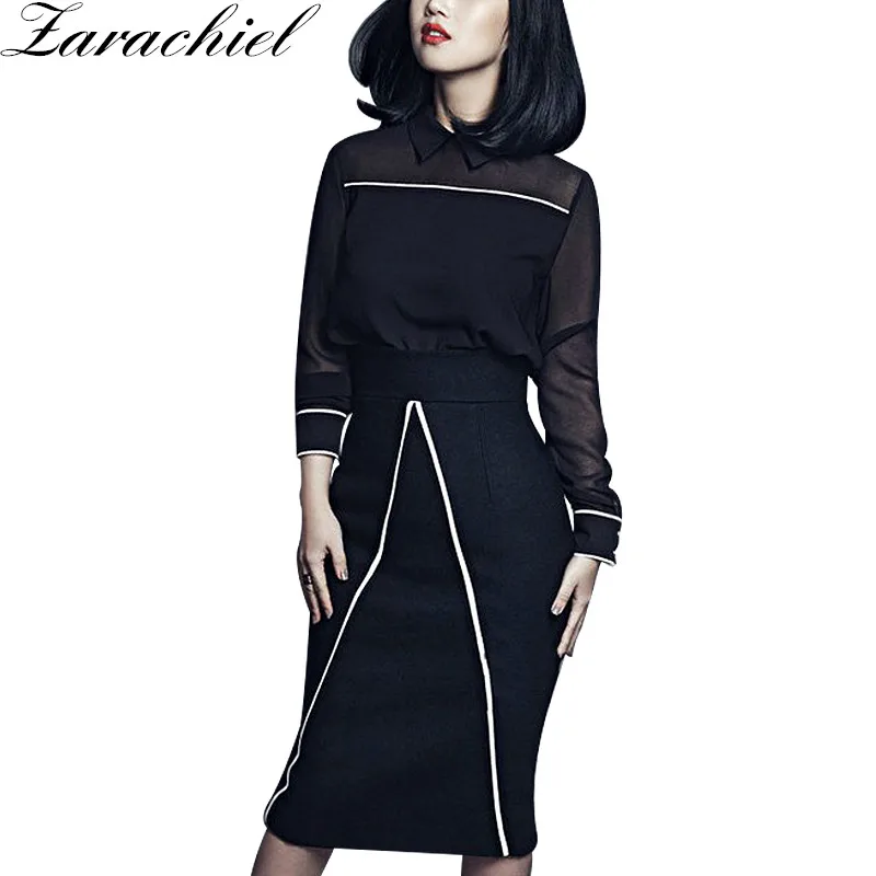

Designer 2019 Spring Autumn Women's Suit Black Long Sleeve Crop Top And Skirt Suit Fashion Sexy Pencil Bodycon 2 Piece Set Women