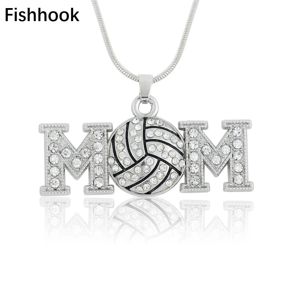 

Fishhook Rhinestone Volleyball MOM Metal Pendant Necklace 18" Snake Chain Sports Teams Gifts