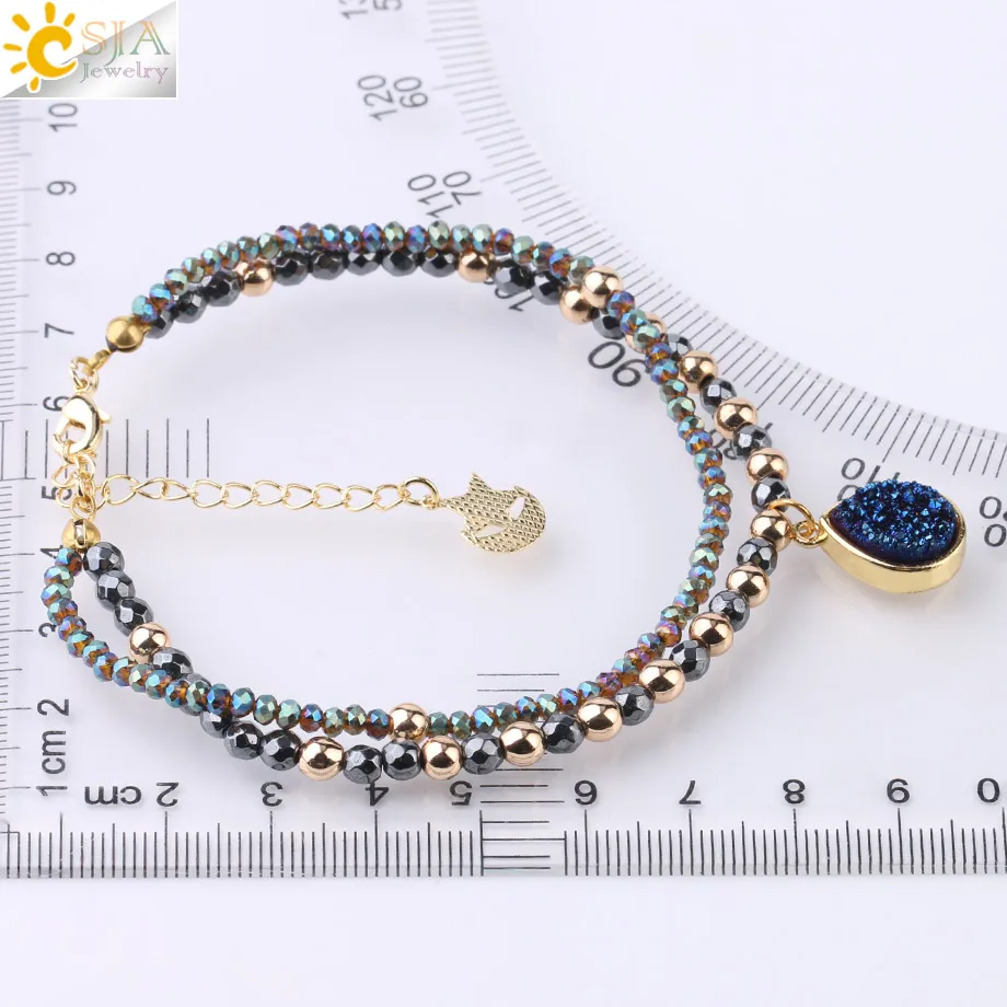 CSJA Natural Stone Bracelets Geode Druzy Crystal Bracelet Summer Statement 2 Strand Beads Women Hematite Pulsera Jewelry S235