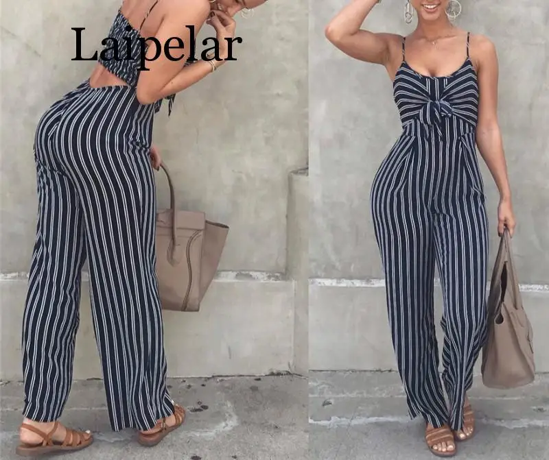 Elegante Gestreepte Sexy Spaghetti Band Rompertjes Womens Sets Mouwloze Backless Boog Casual Brede Benen Jumpsuits Turnpakje Overall