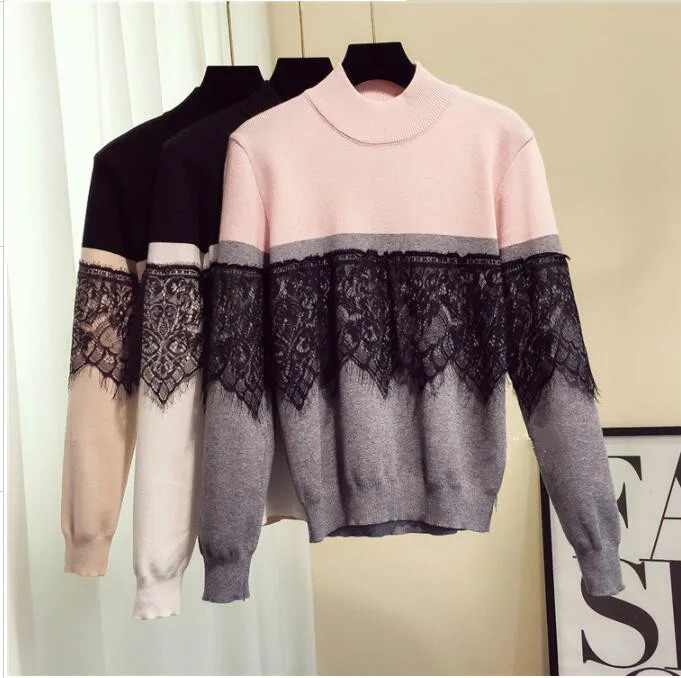

new fashion women autumn winter lace patchwork long sleeve loose knitted bottom sweaters pull femme