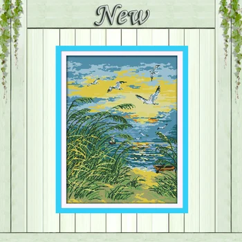 

The seaside sunset bird decor painting counted print on canvas DMC 14CT 11CT chinese Cross Stitch Needlework Set Embroidery kits