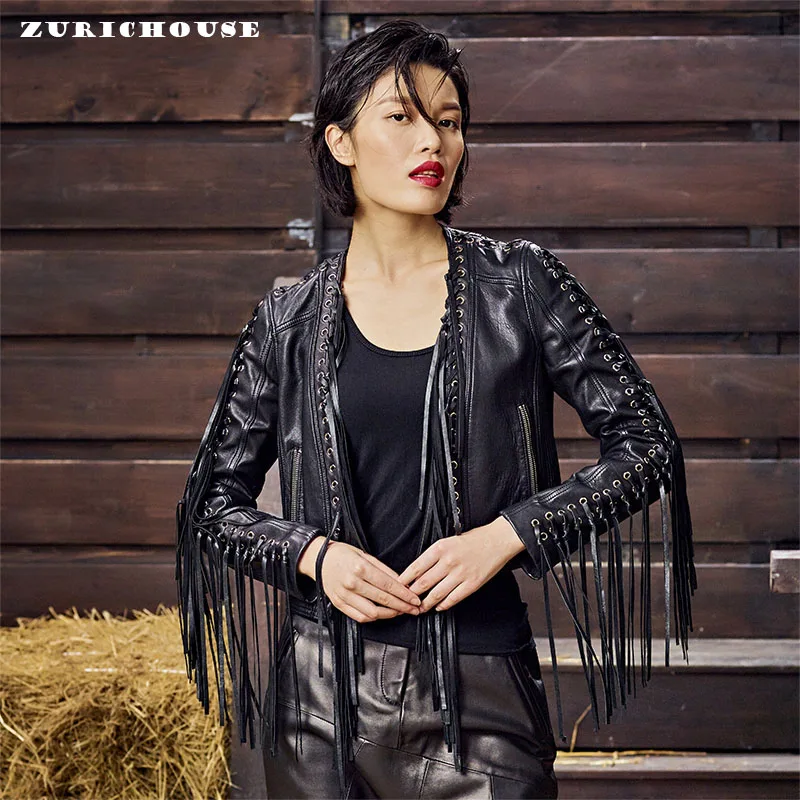 

ZURICHOUSE Tassel Design Genuine Leather Jackets For Women 2019 New Streetwear Motorcycle Biker Zipper Jacket Woman Outerwear