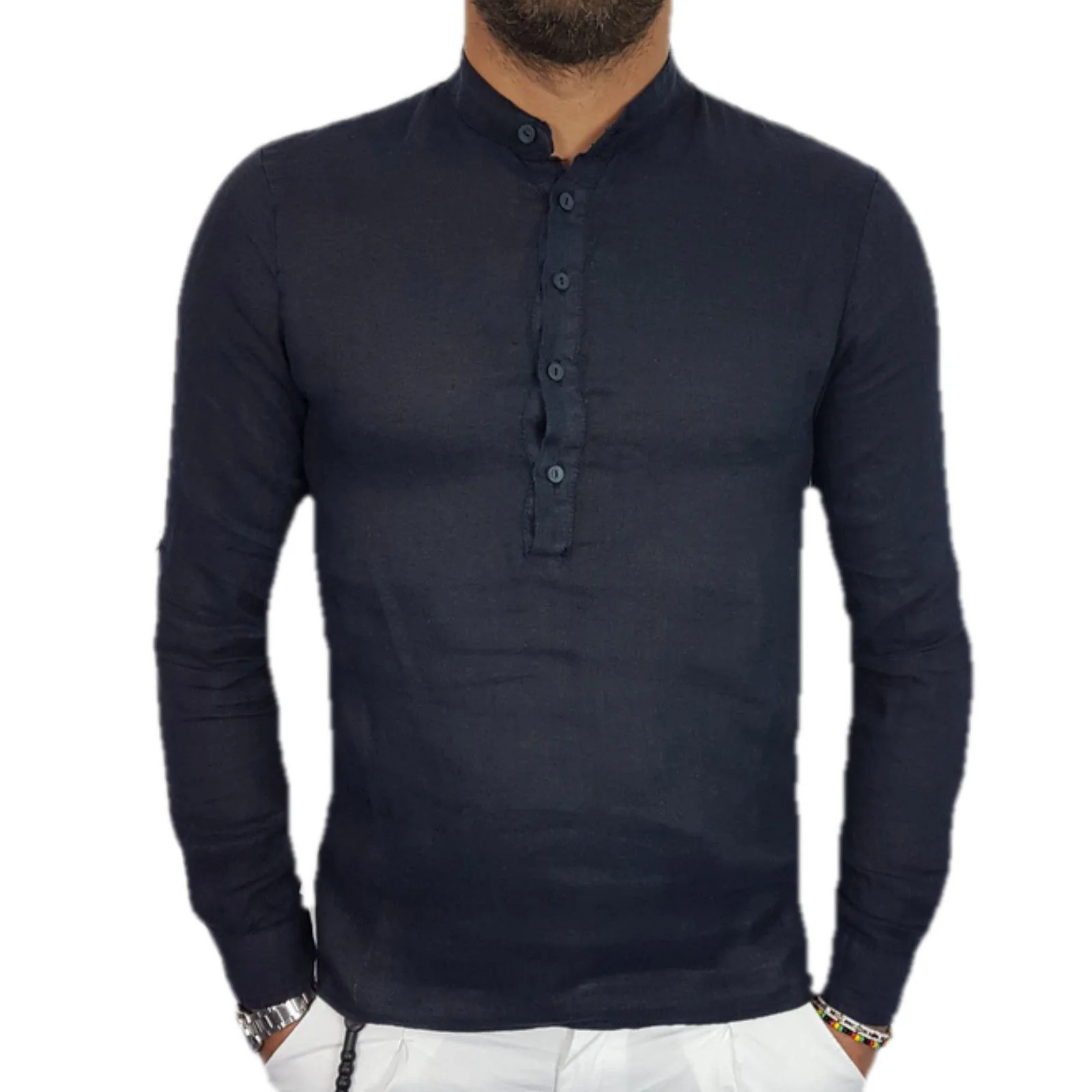 Linen Blend Cotton Shirts Men Mandarin Collar Slim Fit Plain Basic Casual Shirts - Цвет: Черный