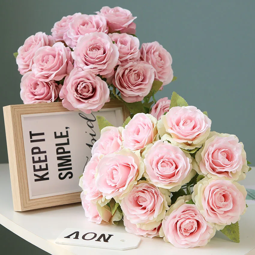 12 Heads Fake Rose Flowers Bouquet Artificial Flowers Roses Silk