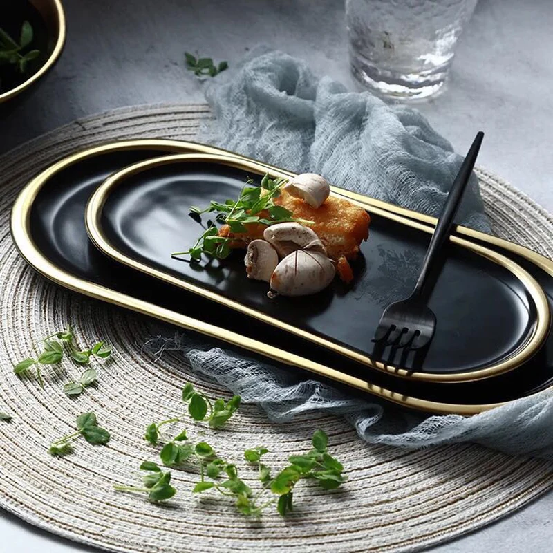 Gold Plating Ceramic Marble Storage Tray Black White Europe Food Fruit Breakfast Oval Plate Jewelry Tray Dessert Dish Decoration