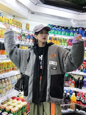 

Jasmine original design trend bonnet splicing zipper pocket thickening plush cotton BF and wome parkas coat