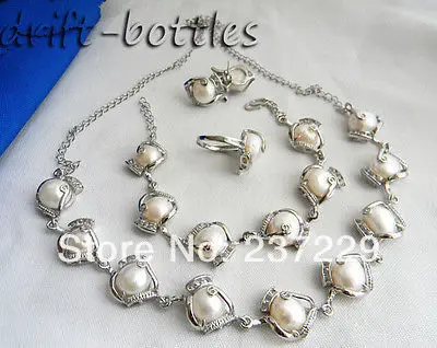 

Wholesale price FREE SHIPPING a12MM White Baroque Freshwater Pearl Zircon Necklace Bracelet Earring Ring Set (A0423)