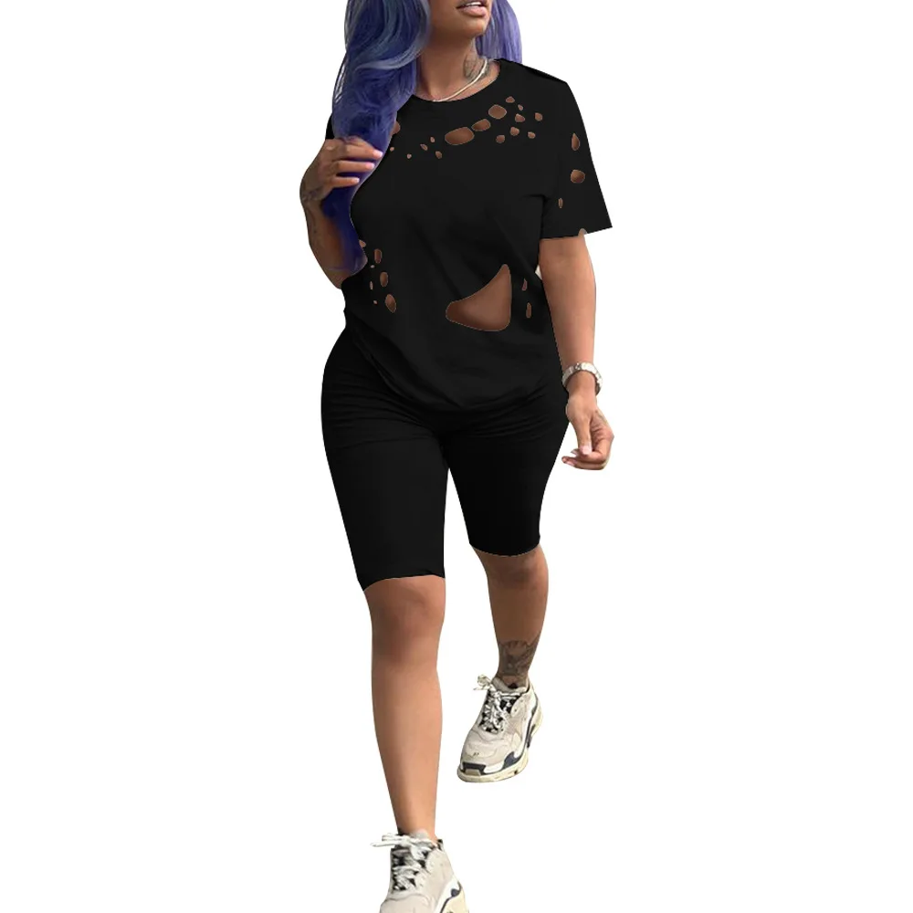 

2019 Summer Two Piece Set Top and Pants Womens Tracksuit Set Casual Fashion Hole 2 Piece Outfit Sweatsuit Knee Length Playsuits