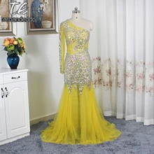 Платье на одно плечо с длинными рукавами, шикарные стразы, кристаллы, бисероплетение, просвечивающее, Русалка, желтые блестящие вечерние платья