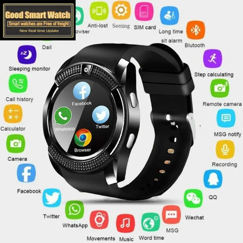 

V8 Smart Watch Men Bluetooth Sport Watches Women Ladies Rel gio Smartwatch with Camera Sim Card Slot Android Phone PK DZ09 Y1 A1