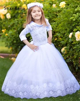 

White Lace Girls First Communion Dress Ball Gown Birthday Dress Half Sleeve Long Princess Flower Girls Dresses for Wedding