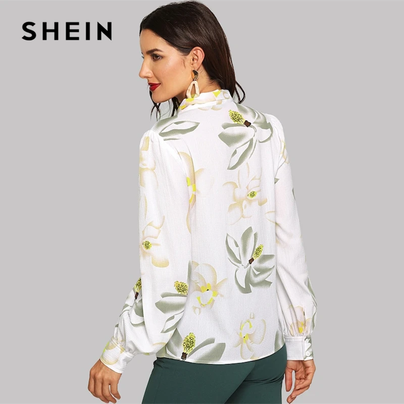 SHEIN Цветочный Топ С Длинным Рукавом Женские Современные Элегантные Блузки С Длинным Рукавом С V-образным Вырезом