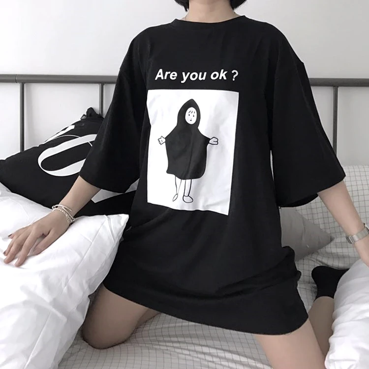 

YouGeMan 2019 Spring Summer Fashion Tee Shirt Korean Ulzzang Harajuku Character Printed Short Sleeve T-shirt Women Tshirt Top