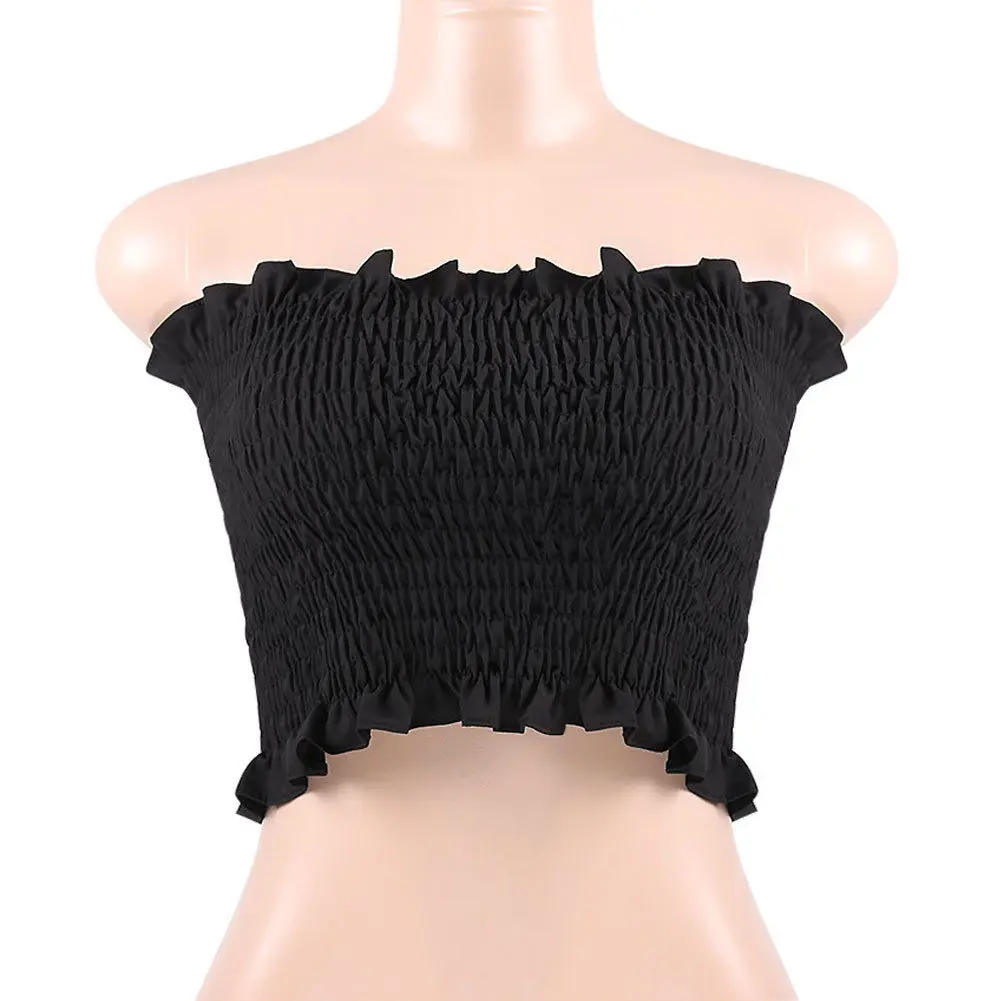 Ladies Bandeau Smocked Ruched Sheering Gathered Shirred tube Crop Top Black