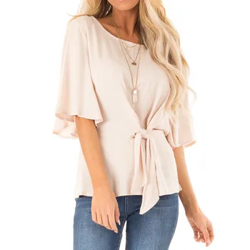 

Tee Shirt Femme 2019 Womens Fashion Half Sleeve Solid Round Neck Tie Blouse Casual Bandage Slim Top Camiseta Mujer Modis