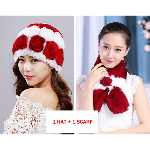white and red 2 шт. натуральный настоящий мех кролика шарф и Рекс кролик мех шапка женская мода вязаный Настоящий мех кролика кольцо шарф и шапка - Цвет: white and red