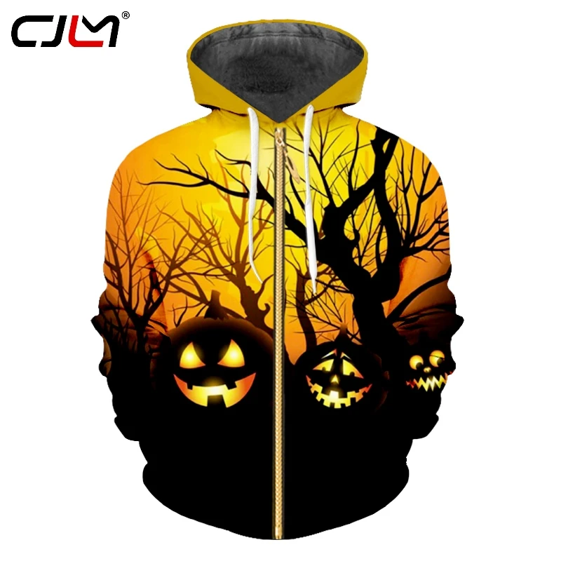 

CJLM Halloween New Forest Men's Black Zip Hoodies 3D Printed Devil Pumpkin Long Sleeve Coat Man Chinese Style Wholesale