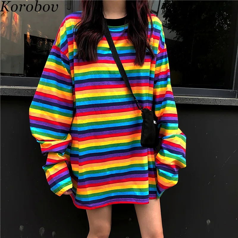 Женская футболка в полоску Korobov Harajuku с круглым вырезом и длинными рукавами модная