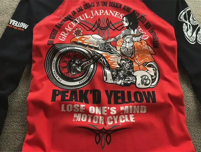 Японский стиль Ukiyoe Футболка мужская мода байкер футболки красота с принтом "мотоцикл" хлопок с длинными рукавами Тонкий Топы Футболка