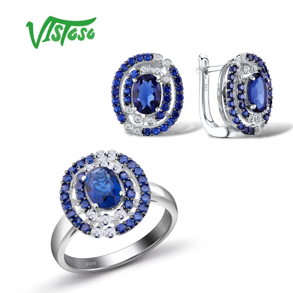 

VISTOSO Jewelry Sets For Woman Blue Nano Cubic Zirconia Jewelry Set Earrings Ring 925 Sterling Silver Fashion Fine Jewelry