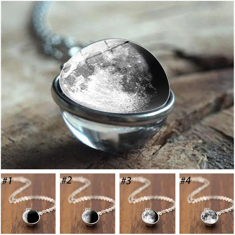 

Fashion Jewelry Galaxy Double Sided Pendant Necklace Full Moon Art Photo Glass Cabachon Jewelry Handmade Necklaces for Women