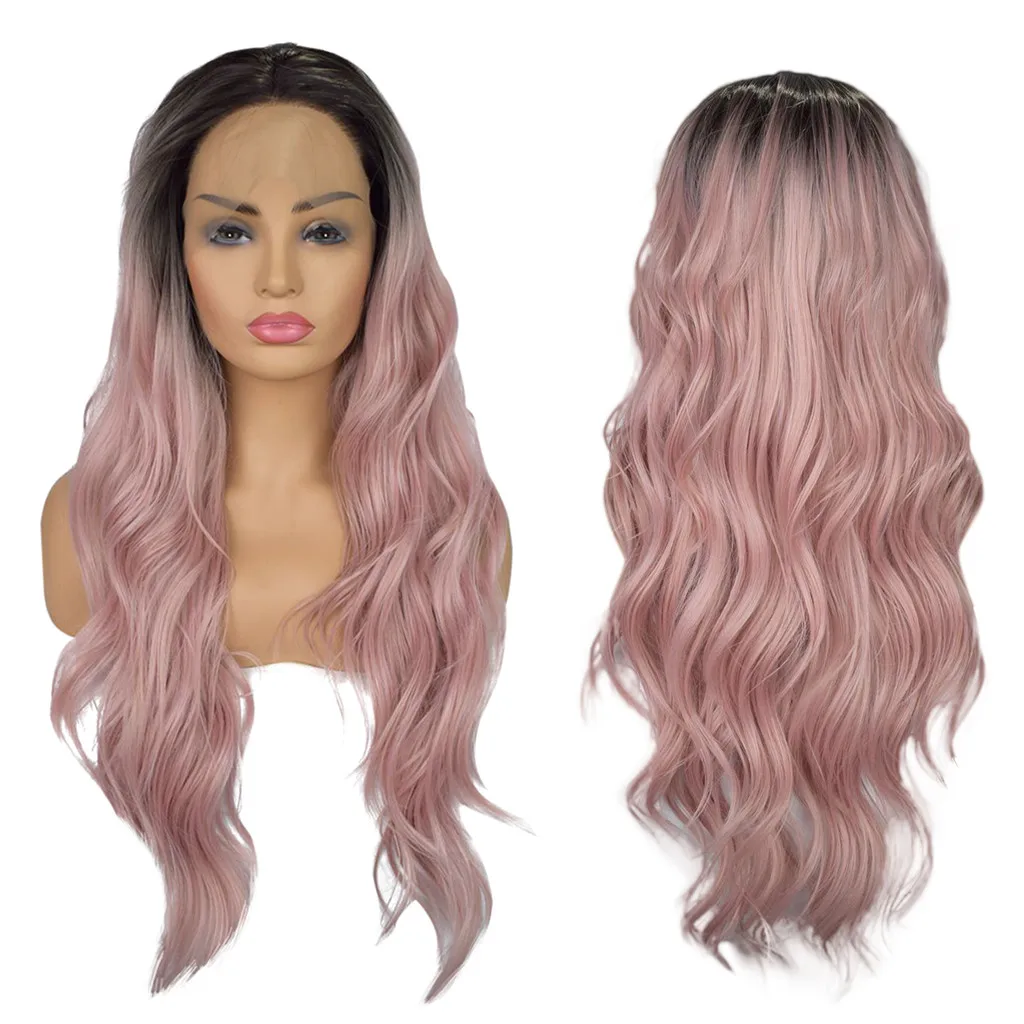 

Factory price 1pc Women Fashion Lady Dark Pink+Black Wavy Curly Gradient Hair Lace Front Wigs Stand Stocked 2019 New Feb28