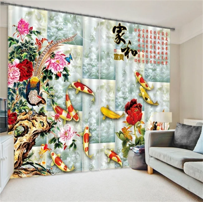 Китайские традиционные цветы и птицы, девять рыбок, геомантия, затемняющие шторы, оконные шторы, ткань, Декор, занавески для гостиной, спальни - Цвет: 6