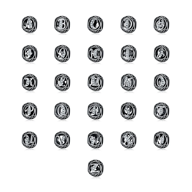 

New Vintage Alphabet A-Z 26 Letter Silver Bead Plated Clear CZ Crystal DIY Beads Charm Fit Original Pandora Bracelet Jewelry