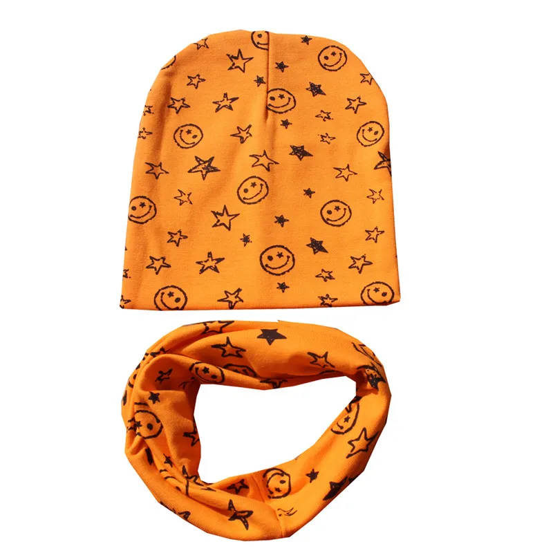 Новая весенняя шапка для девочек, осенне-зимняя мягкая детская шапка, вязанная шапка для мальчика, Милый хлопковый Детский шарф с кольцом и воротником, детская шапка, набор шарфов - Цвет: smile orange