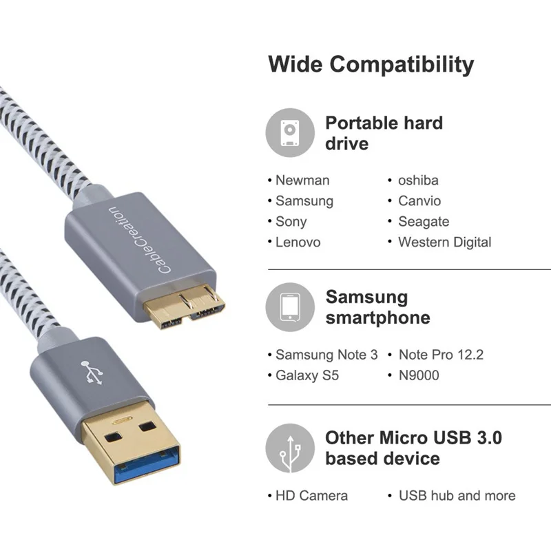 Кабель Micro USB 3,0, короткий шнур USB 3,0 A к Micro B, совместимый внешний жесткий диск, hd-камера, Note 3/N9000, серый космос алюминий