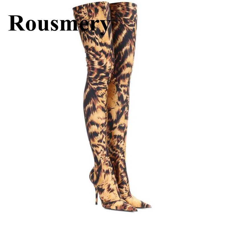 

2018 Leopard Style Newest Autumn And Winter Over-The-Knee Sexy Pointed Toe And Thin High Heel Stretch Fabric Fashion Women Boots
