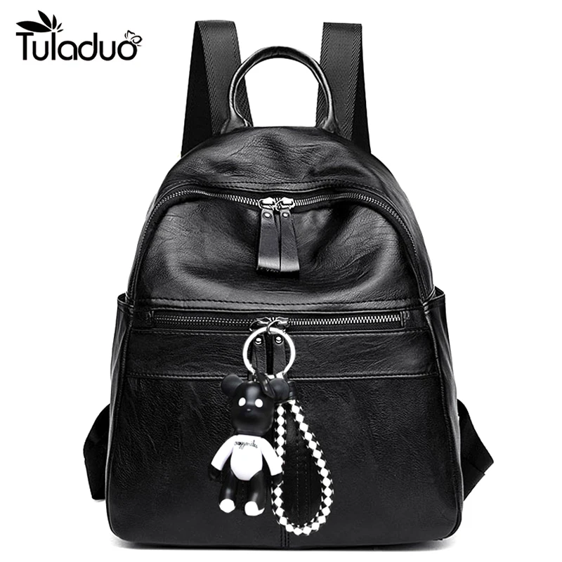 Women Black Backpack With Bear Preppy Style Double Zipper Casual