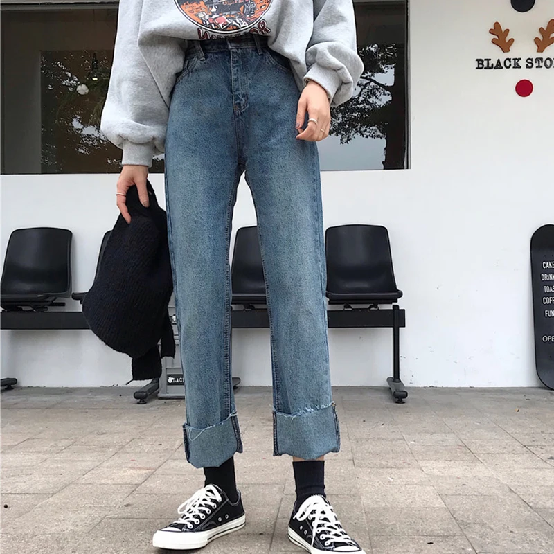 

womens jeans femme 2019 nouveau Autumn Winter jean Slim High waist Loose blue Straight pants women ladies jeans Korean trousers
