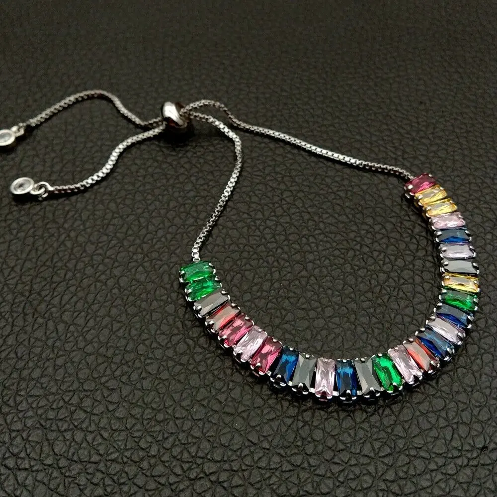 

White golden Plated Multi Color Rectangle Cubic Zircon adjust chain Bracelet