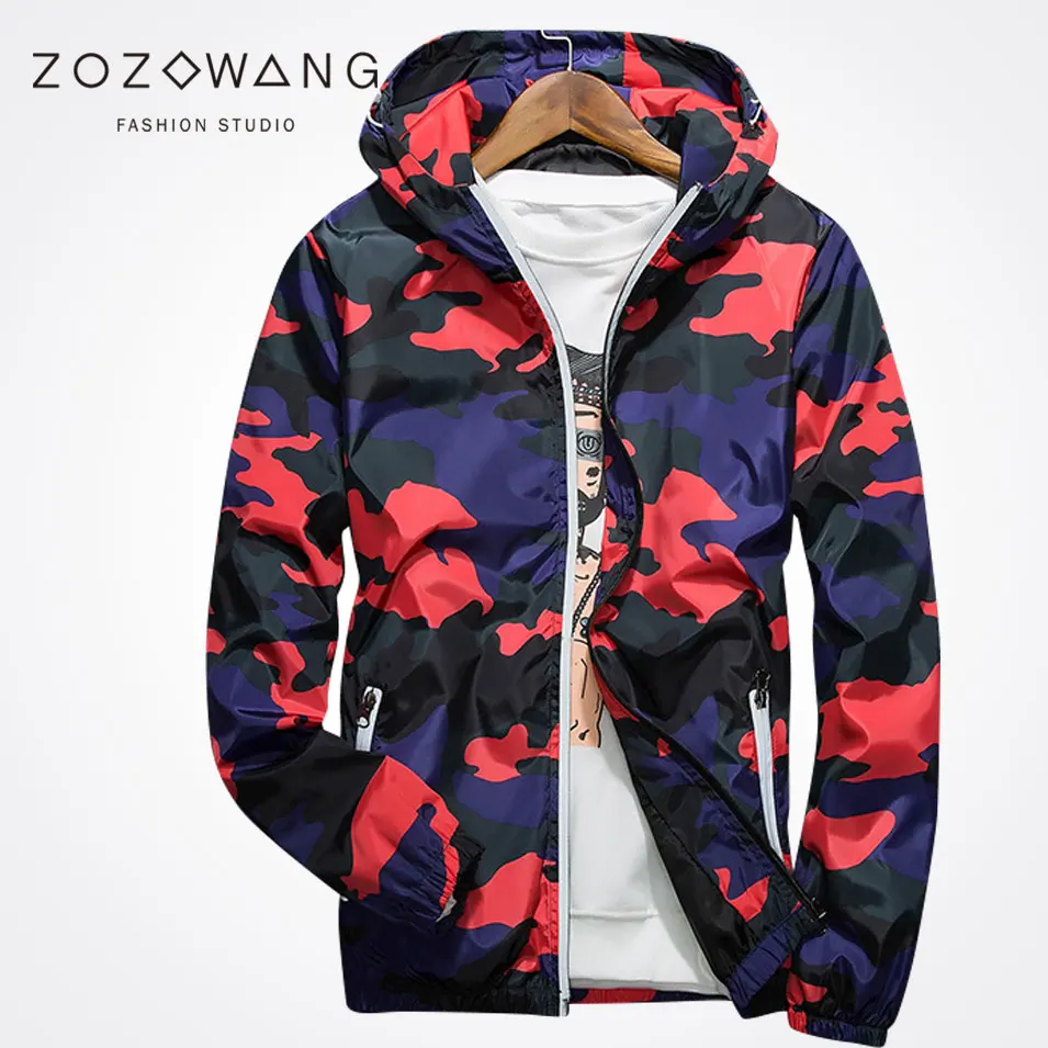 

Zozowang 2017 new plus size hooded casual sunscreen coat jacket men camouflage print zipper fashion reflective jacket men