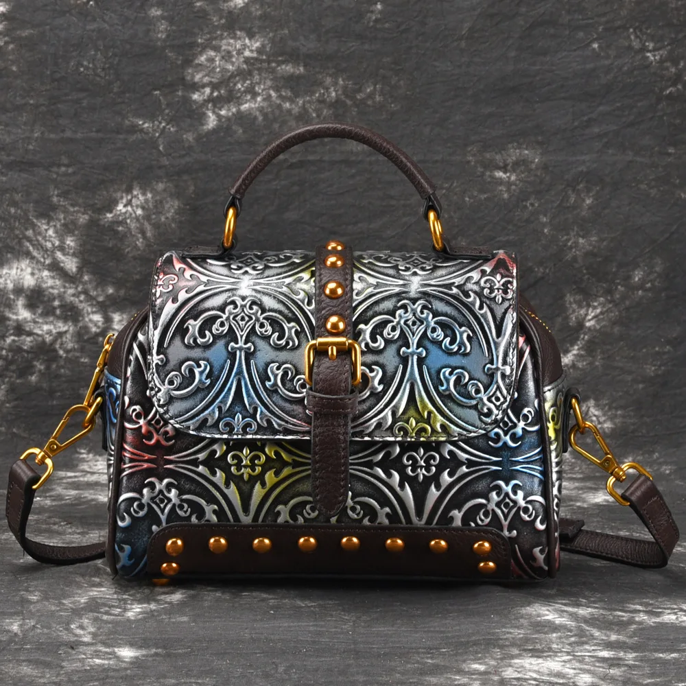 

New Vintage Rivet Women Casual Handbag Womens Crossbody Shoulder Bag Cowhide Ladies Messenger Bag Genuine Leather Handle Pack